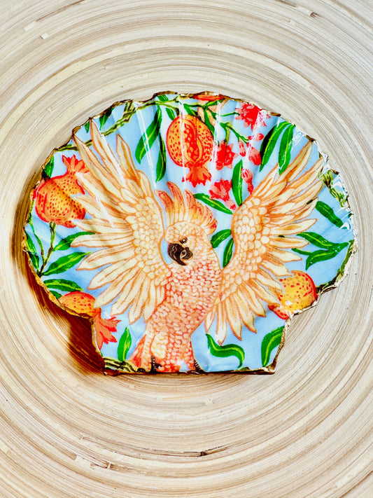 Cockatoo and Pomegranate on Scallop Shell